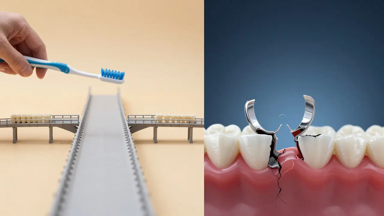 Two paths showing long-term success vs. failure of a dental bridge based on care habits.