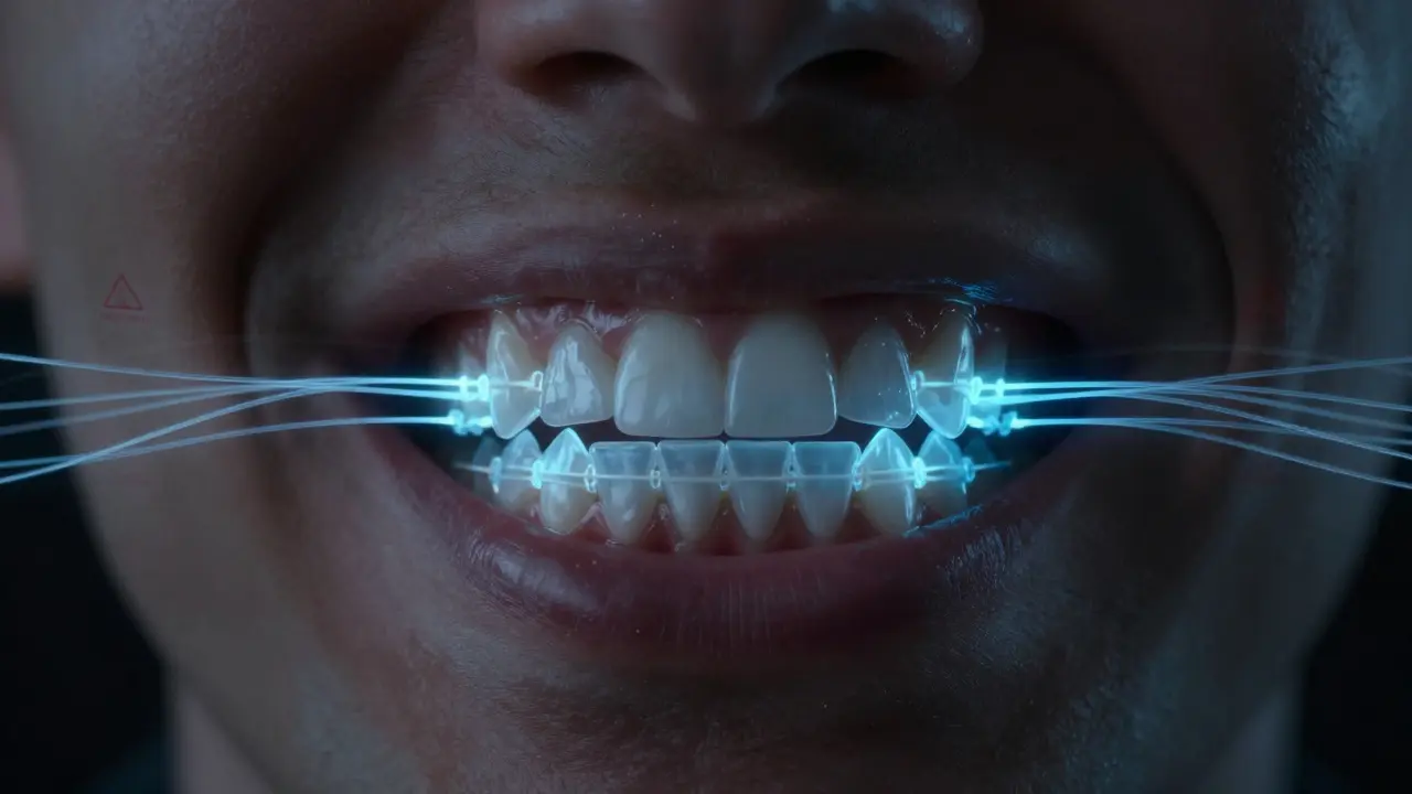 Vnitřní pohled na ústní dutinu s silikonovými gumičkami generujícími korekční síly.