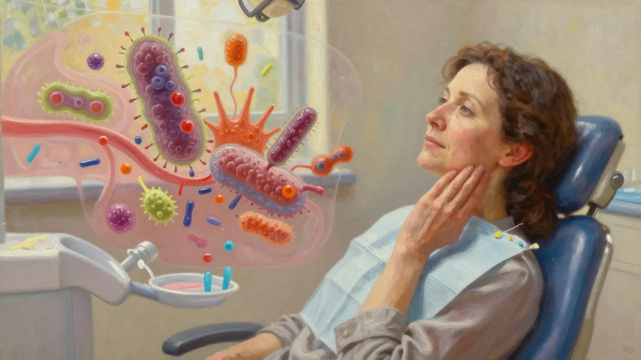 Žena při zubní návštěvě s převlečeným vlivem bakterií na hormony.