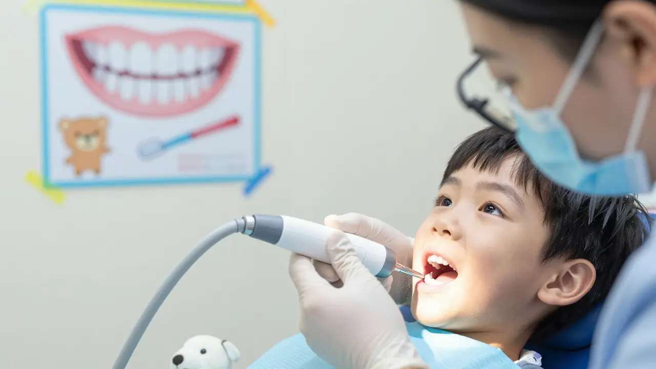 Zubář používá air abrasion k jemnému čištění zubů dítěte, které sleduje proces přes zrcátko.