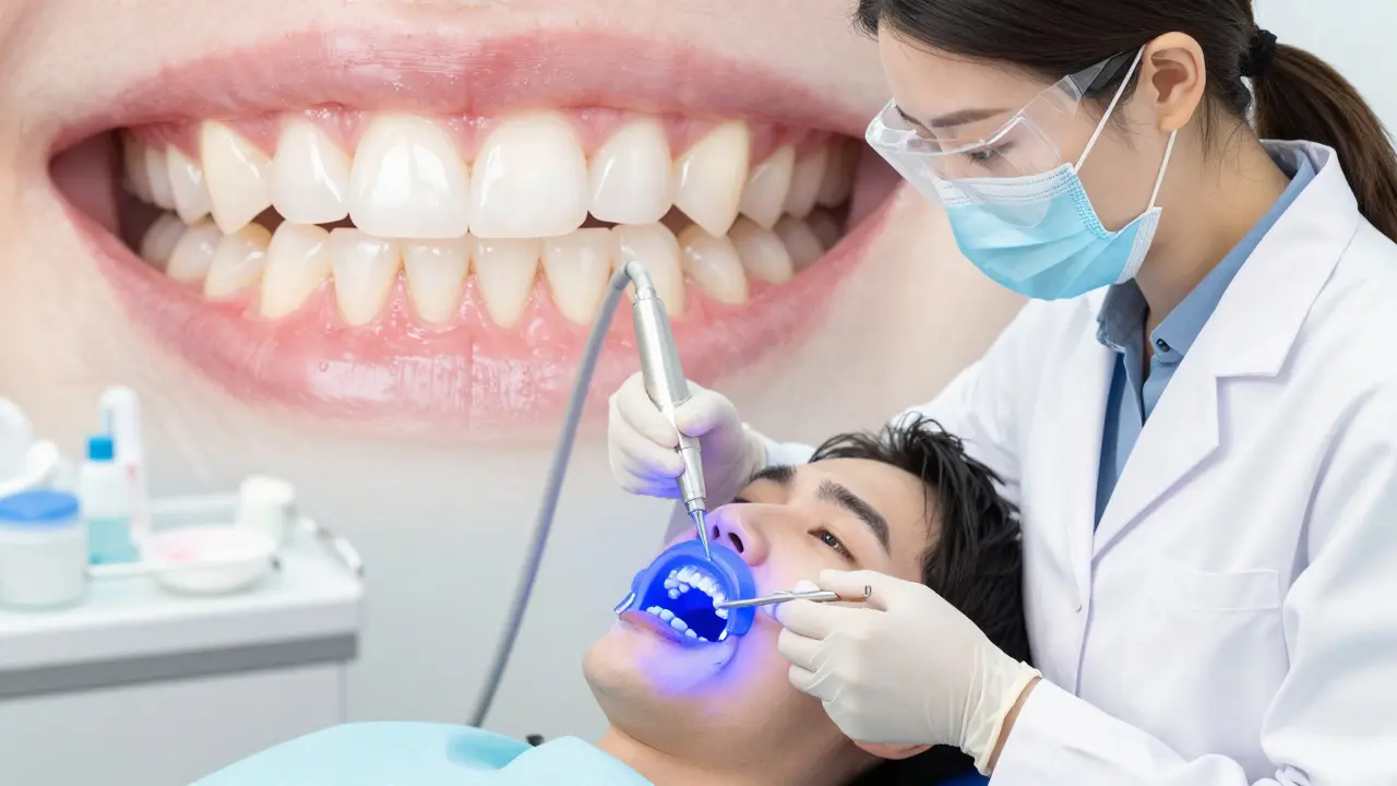 Zubní lékař aplikuje bělící gelem na zuby pacienta pod světlem.