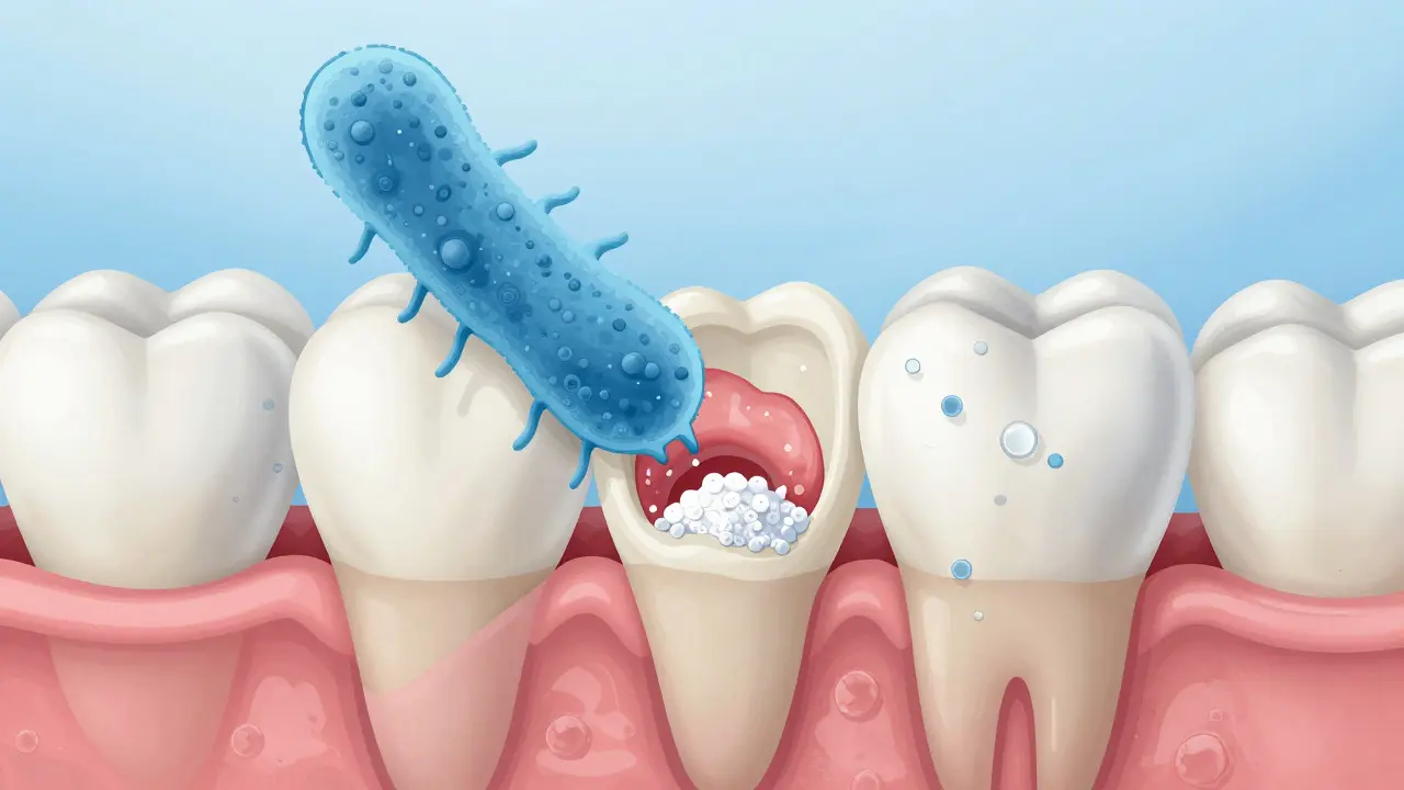 Zubní sklo se rozkládá kyselinou od bakterií, zatímco fluorid pomáhá obnovovat minerály.