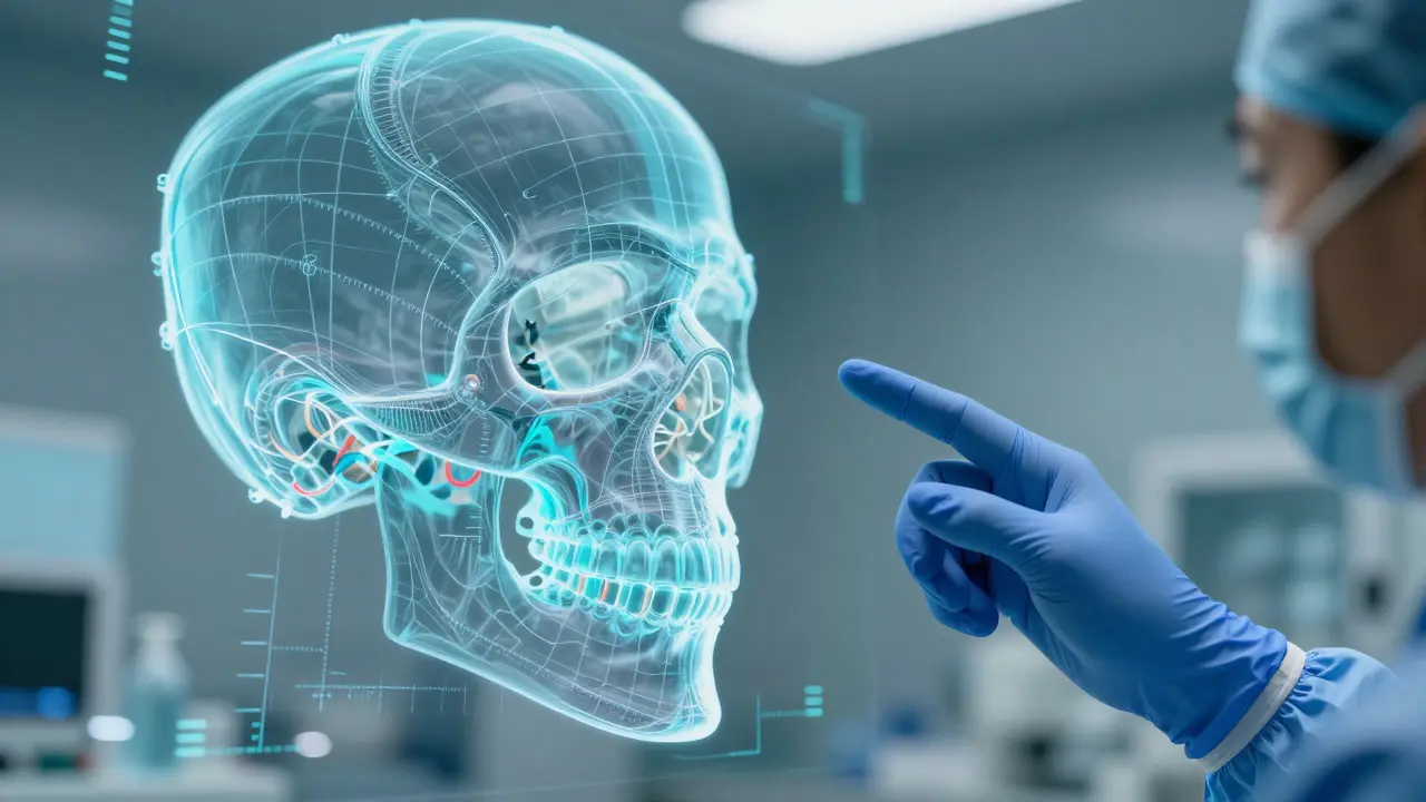 3D holografický model lebky pro precizní plánování čelistní operace.