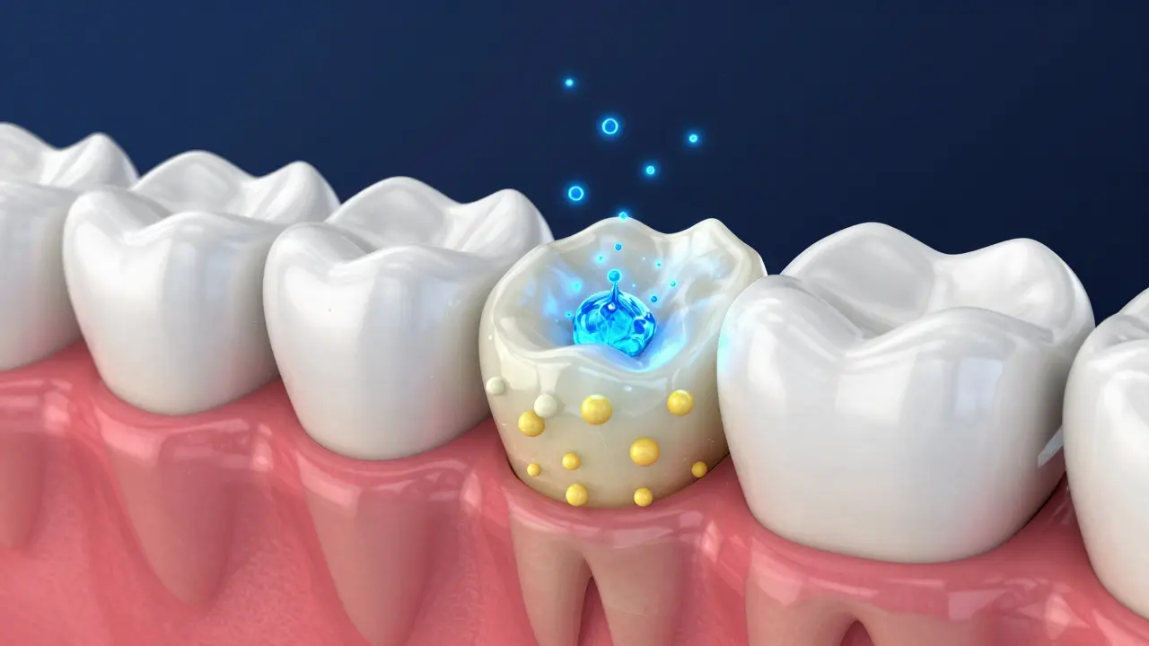3D ilustrace procesu bělení zubů znázornující pronikání aktivních látek do skloviny.
