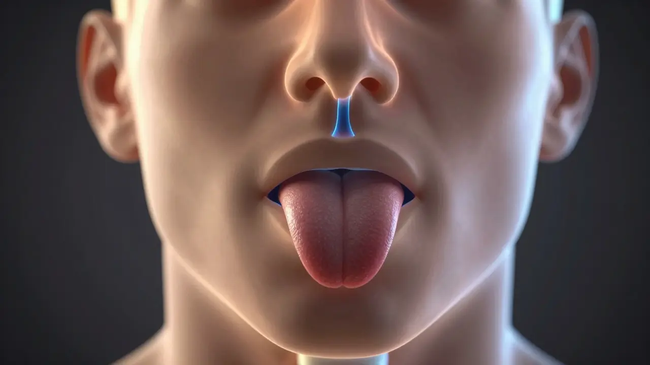 Anatomický průřez hlavy znázornující úzký čelistní oblouk a polohu jazyka