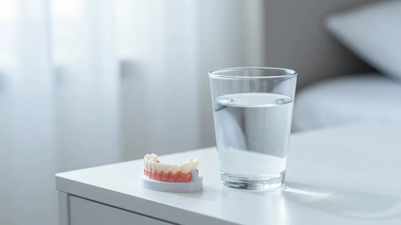 Čistá dentální protéza namáčená v pohárku s vodou na nočním stolku