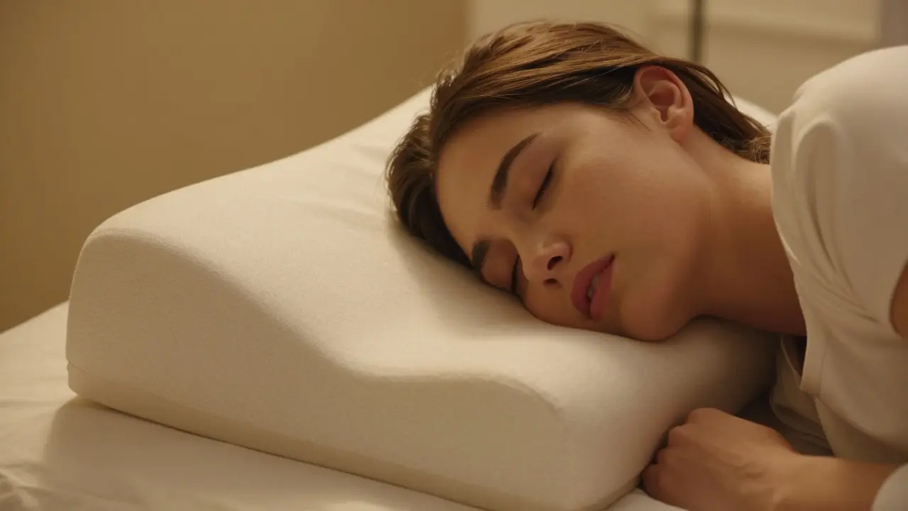 Člověk klidně spí na ergonomickém polštáři, který snižuje tlak na tváře.