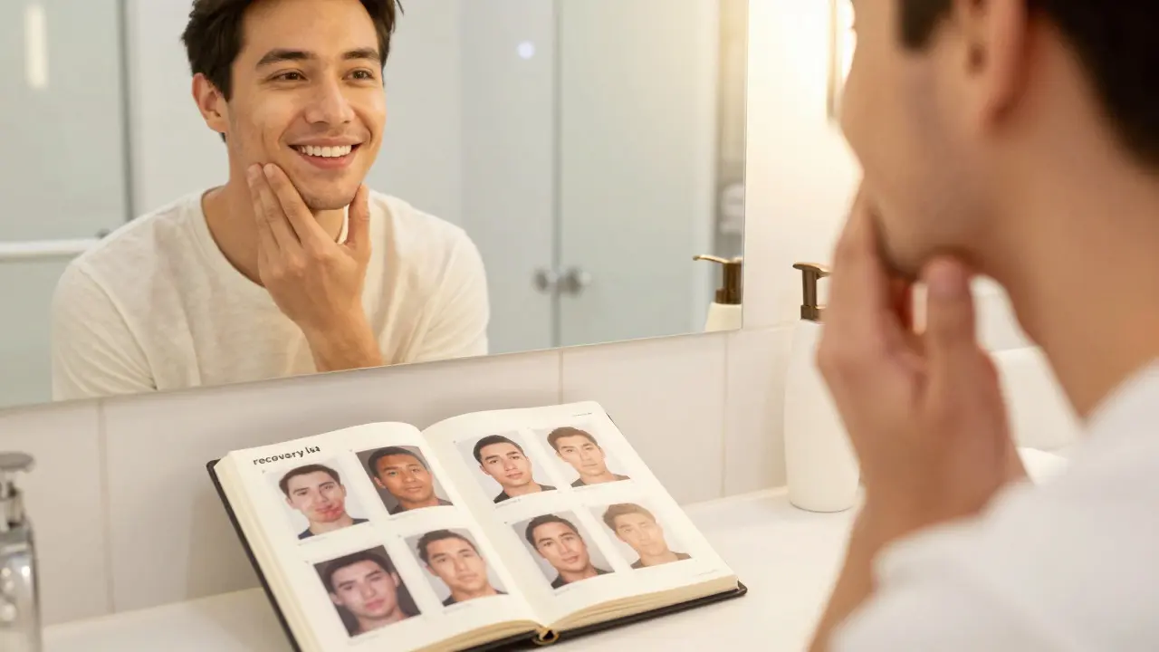 Člověk se usmívá do zrcadla vedle deníku s fotografiemi svého zotravení.