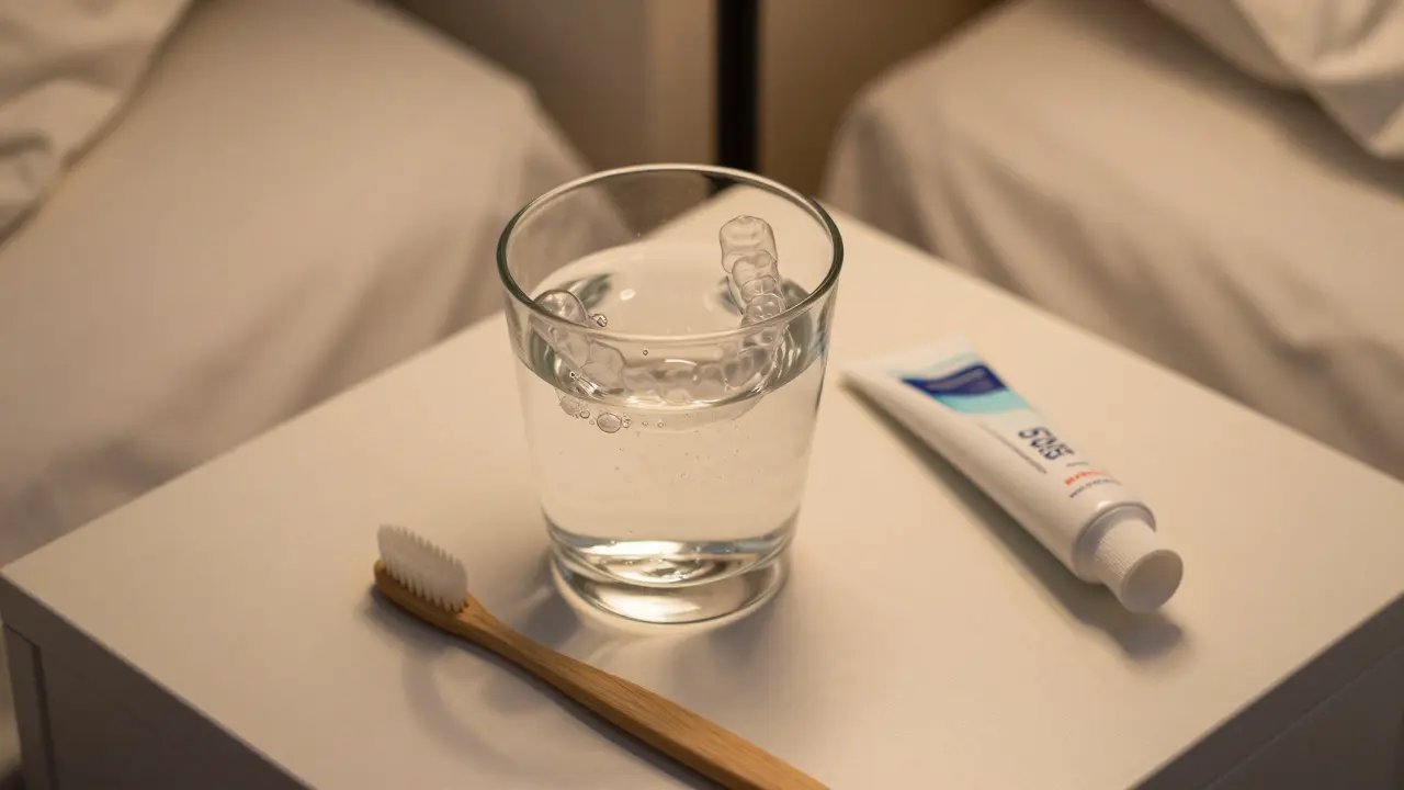 Dentální protéza v čisté sklenici s vodou a pomůcky pro hygienu