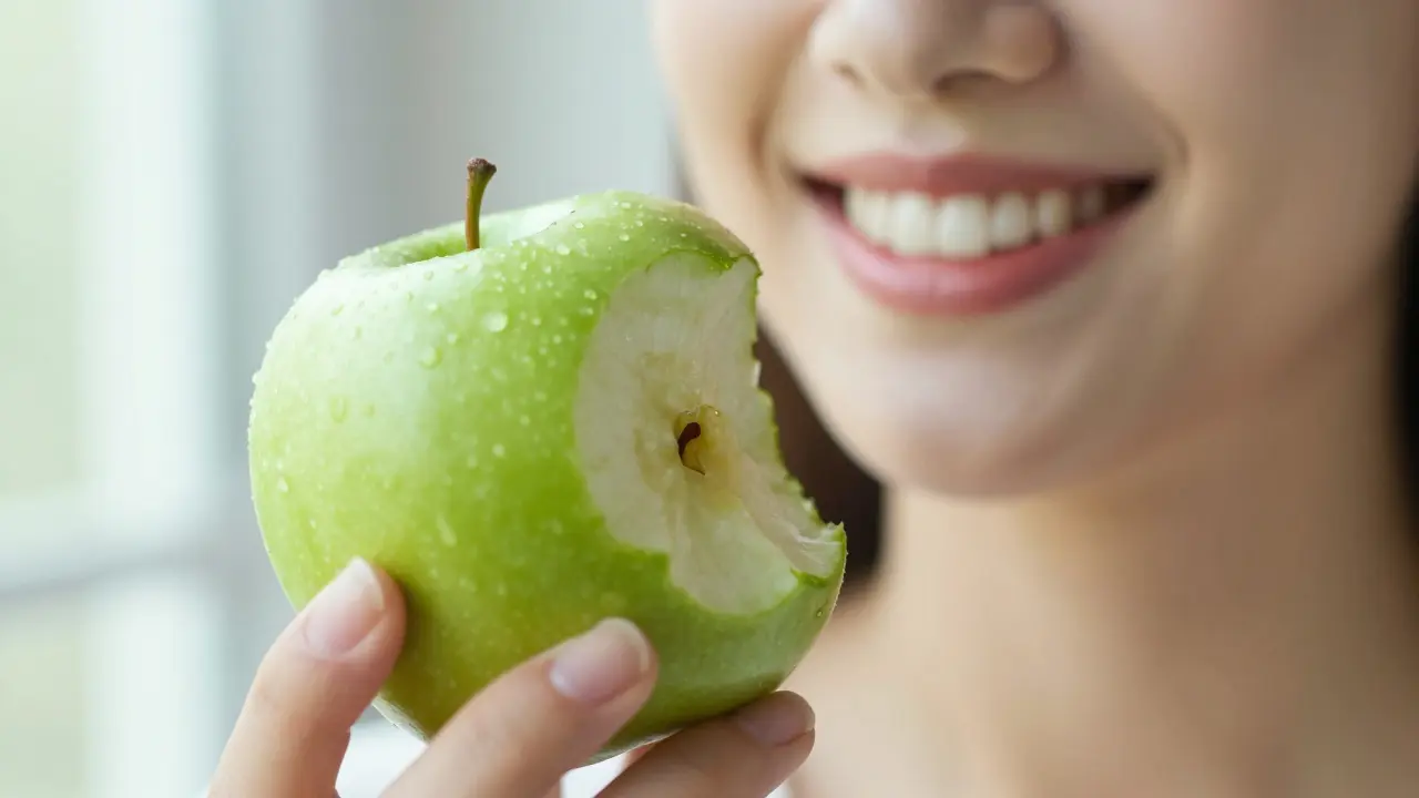 Detail kousánív čerstvé jablko sstínem sebevědomého úsměvu v pozadí.