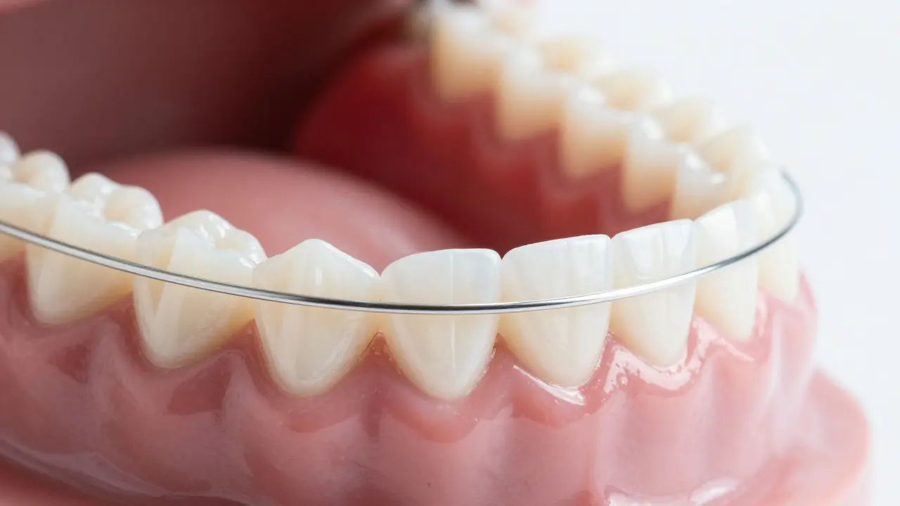 Detail retenčního drátu připevněného na vnitřní stranu zubů