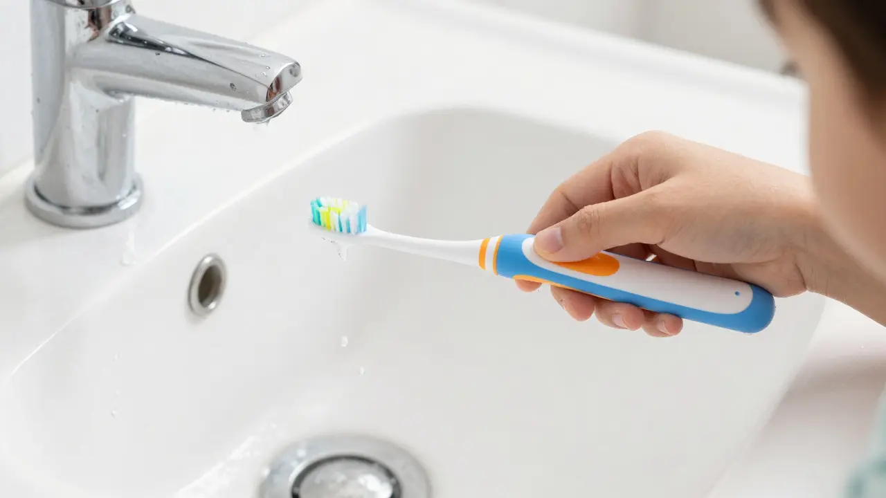 Detail rodiče a dítěte společně čistících zuby barevným elektrickým kartáčkem.