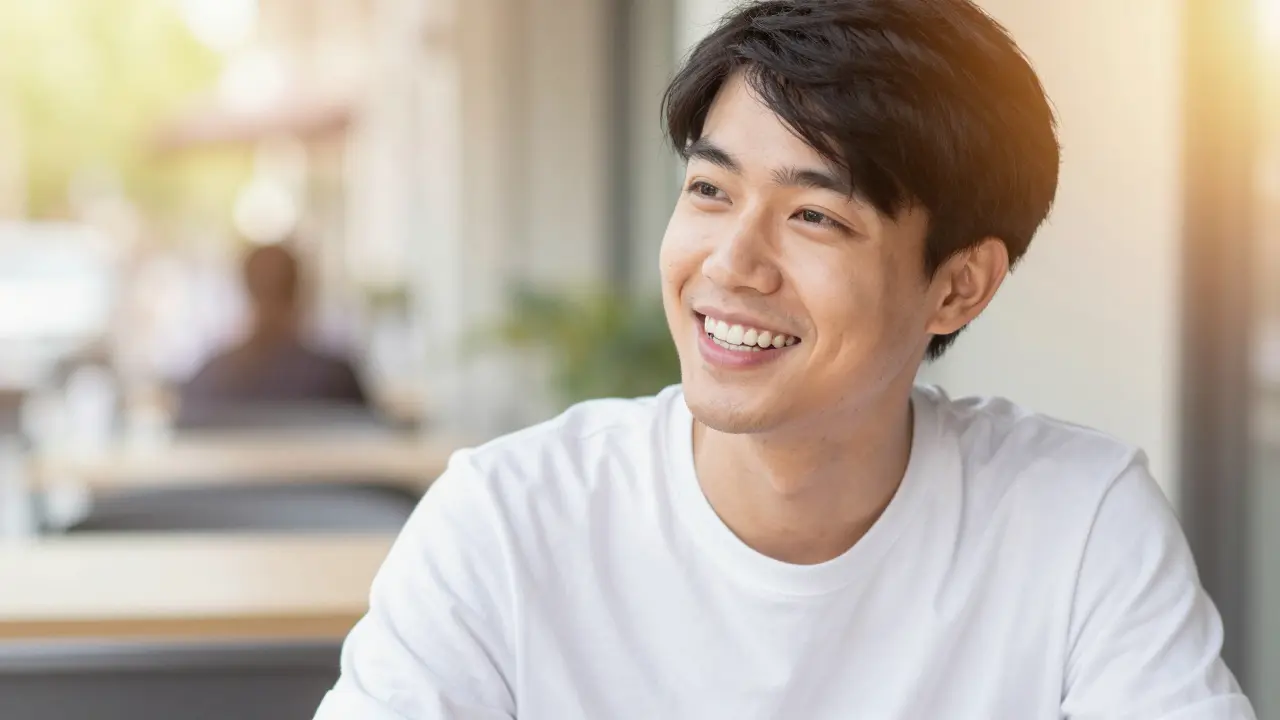 Detail sebevědomého úsměvu osoby po úspěšné opravě zubů.