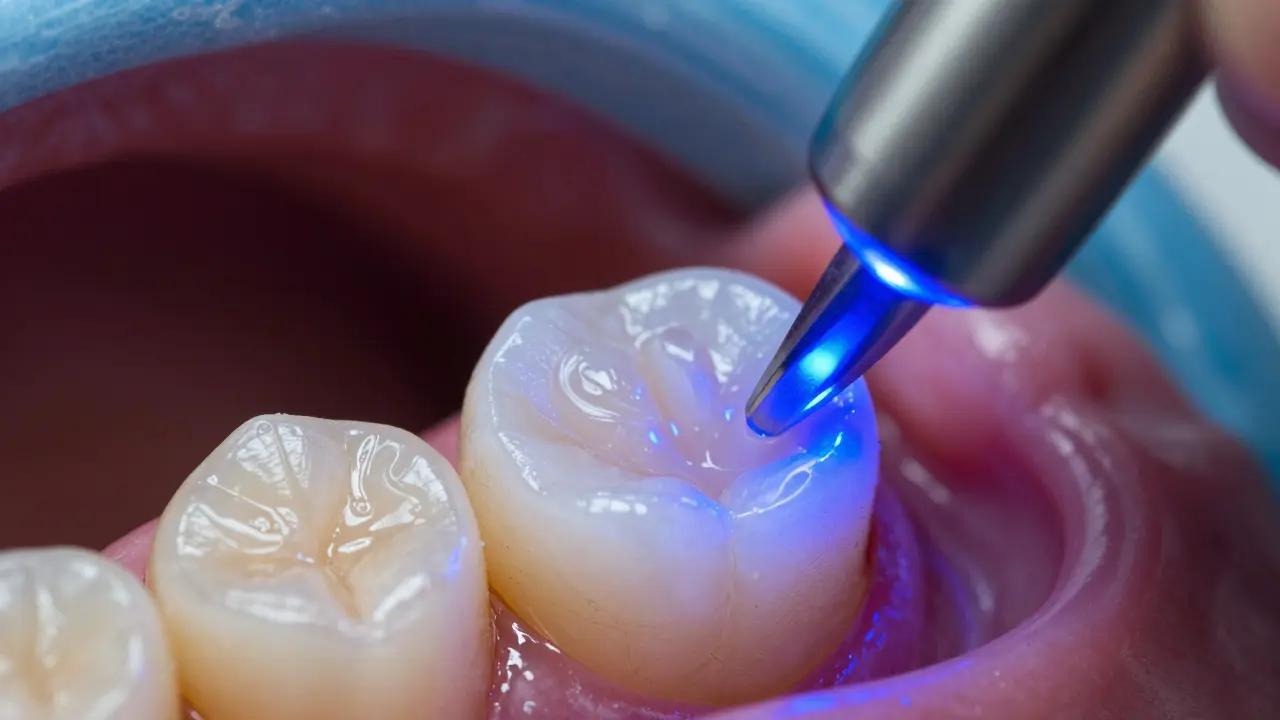 Detailní záběr aplikování kompozitní zubní výplně.