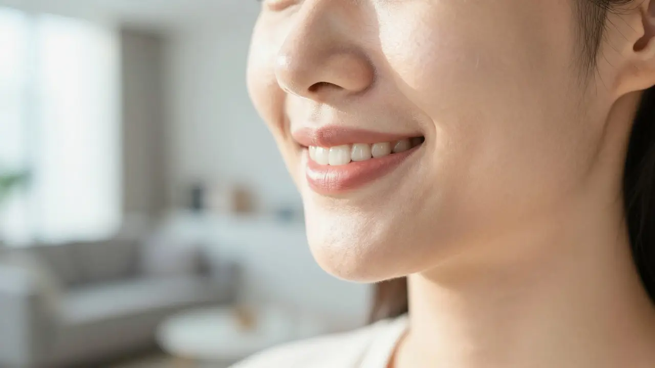 Detailní záběr na zdravý a harmonický profil obličeje po rekonvalescenci.