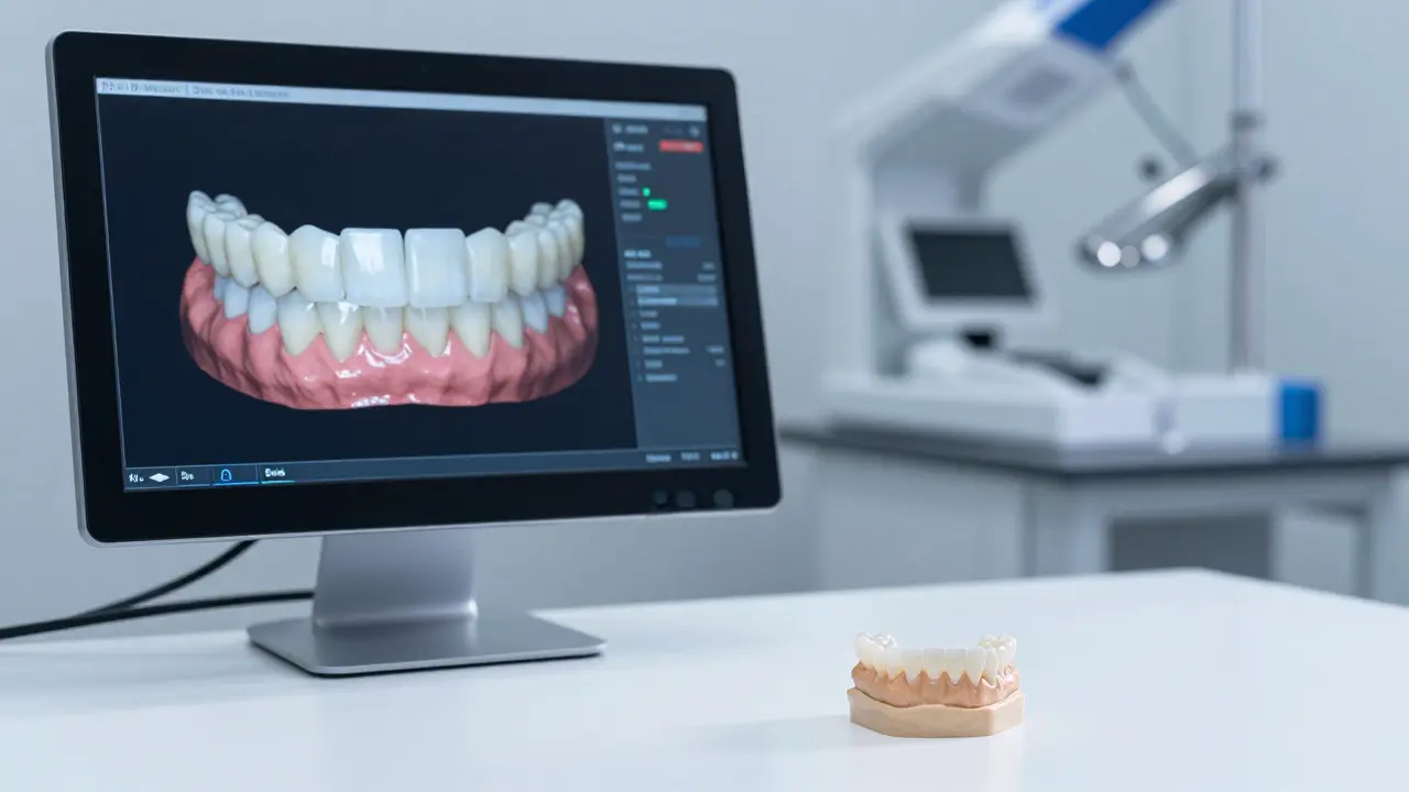 Digitální sken zubů a průsvitná keramická fazeta v laboratoři.