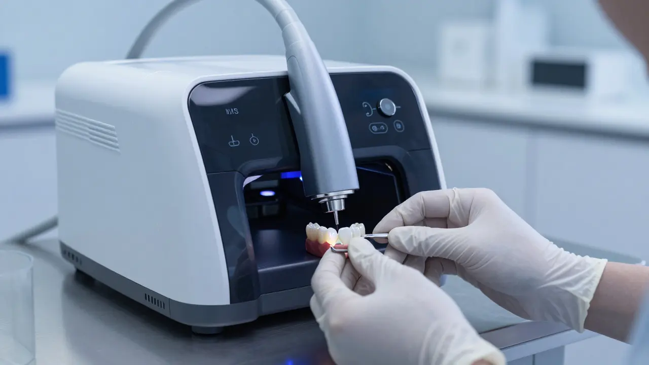 Futuristická 3D tiskárna vytvářející moderní zubní fazetu.