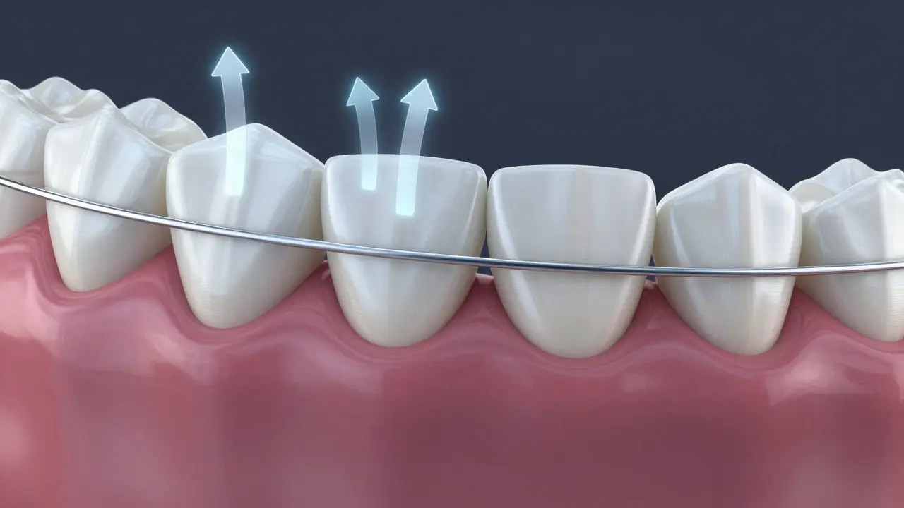 ilustrace retenčního drátku přilepeného na vnitřní stranu předních zubů