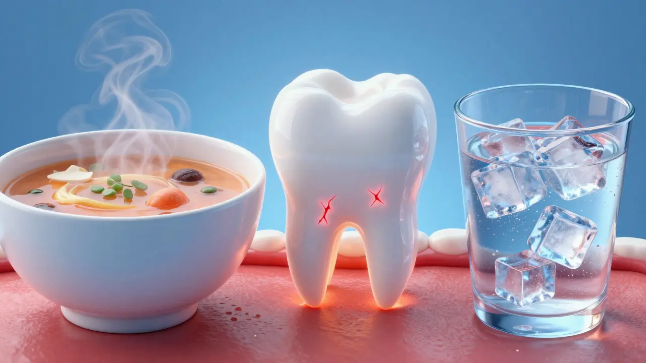 Ilustrace termického šoku zubu při přechodu z horka do chladu.