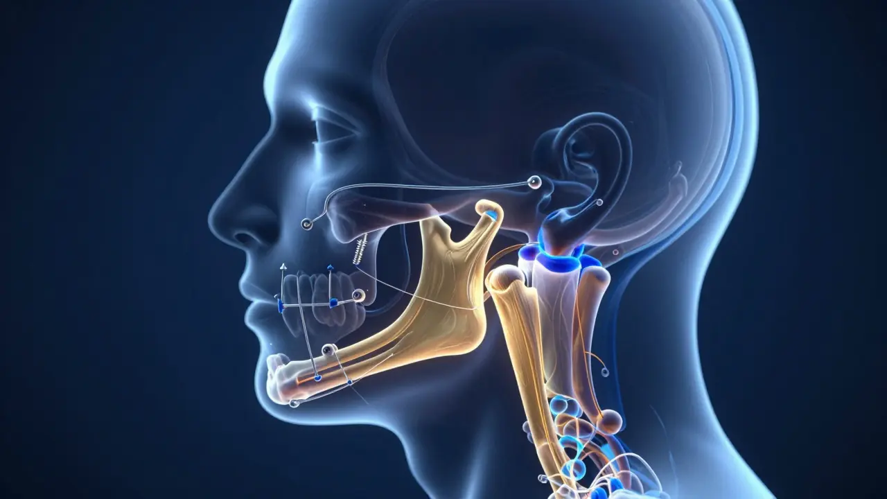 Koncepční ilustrace čelistního kloubu znázorňující přechod od fixace k rehabilitaci.