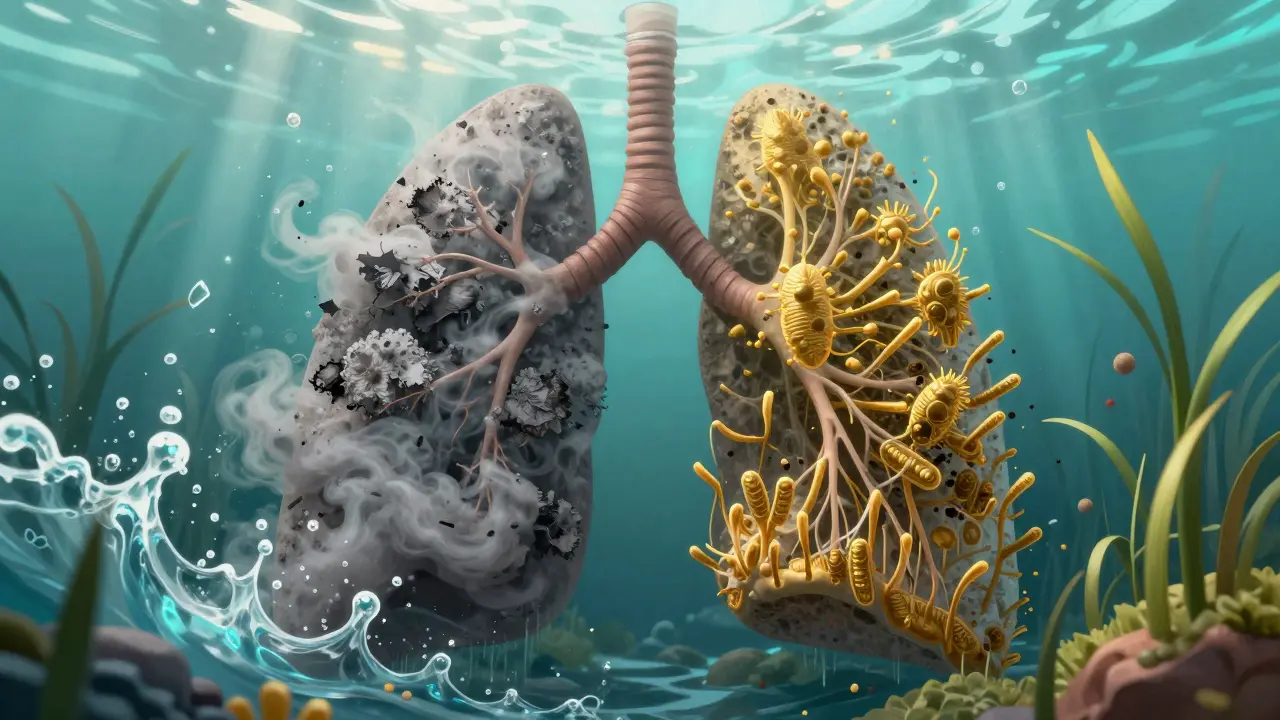 Konceptuální ilustrace regenerujících se plic jako zahradní krajina čistící se od popela.