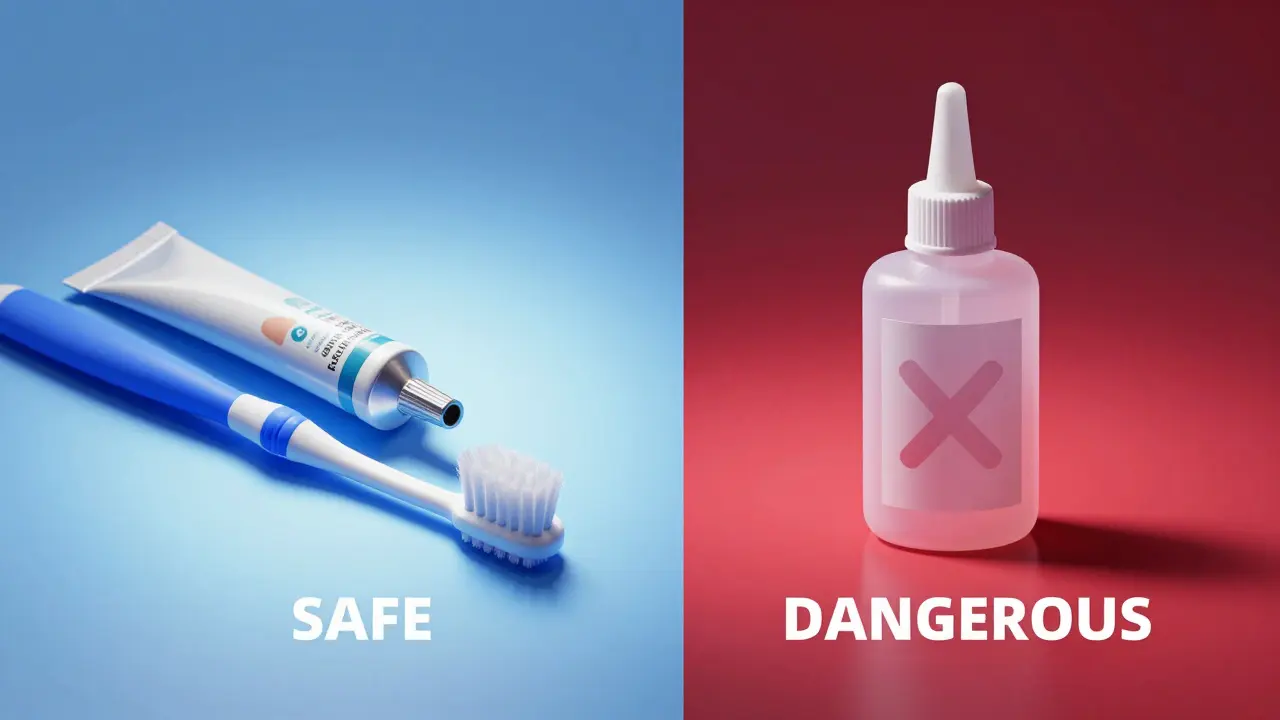 Konceptuální srovnání bezpečného dentálního cementu a nebezpečného průmyslového lepidla.