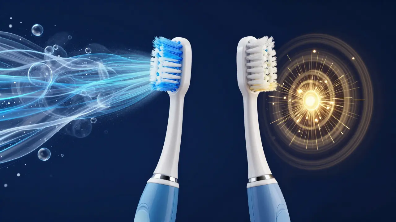 Konceptuální znázornění rozdílu mezi sonickým a rotačním kartáčkem.