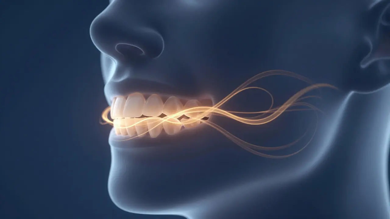 Konceptuální znázornění tlaku na zubech pomocí světelných vln v čelistech.
