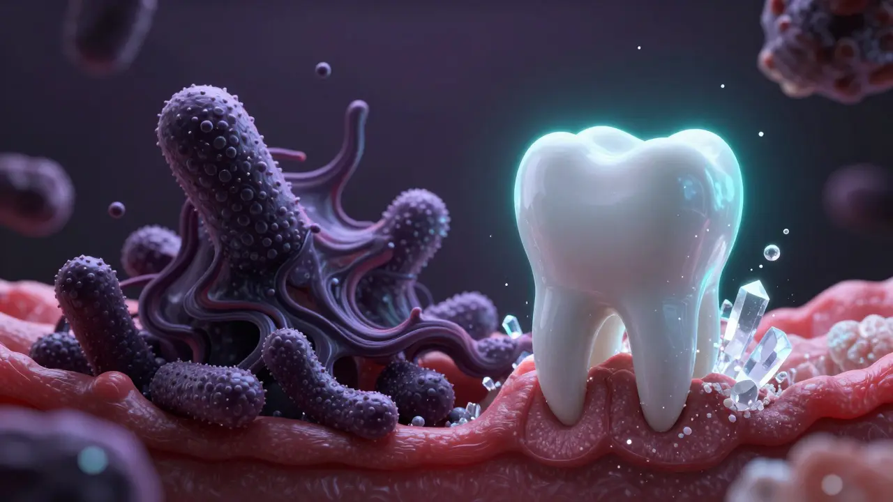 Konceptuální zobrazení procesu remineralizace zubu a boje proti bakteriím.