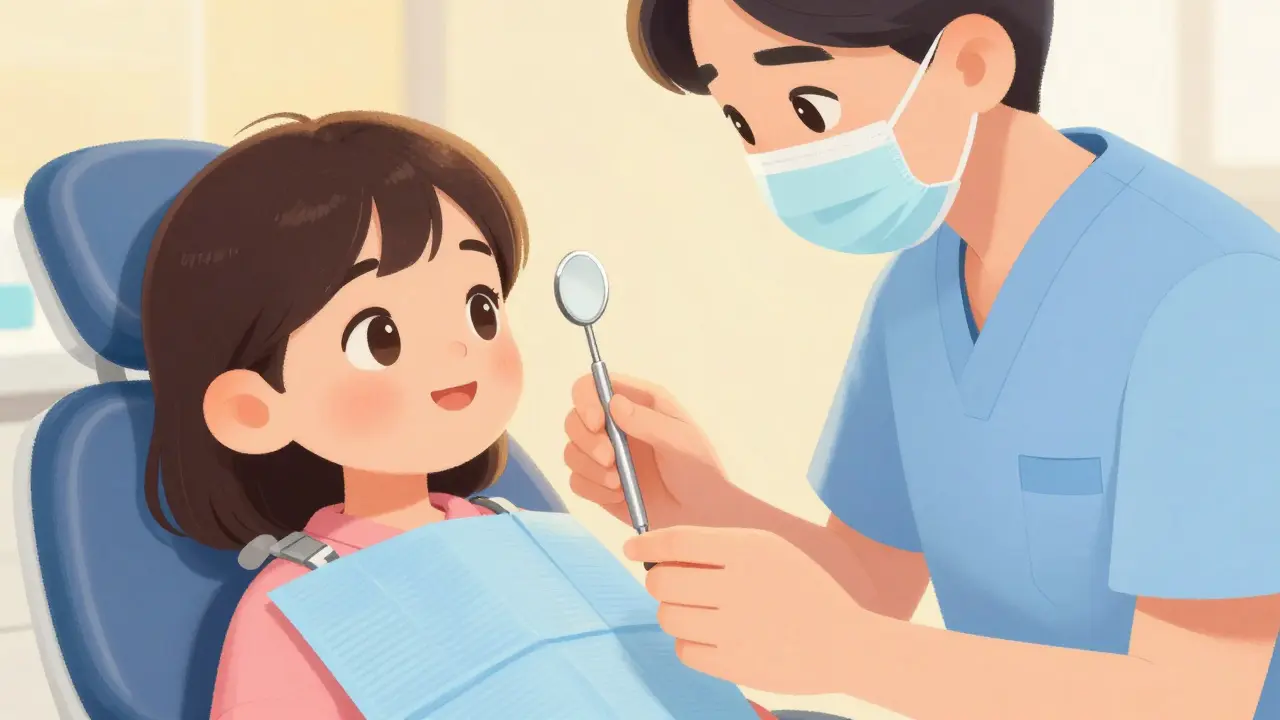 Kresba přátelského zubaře, který ukazuje zrcátko zvědavému dítěti v křesle.