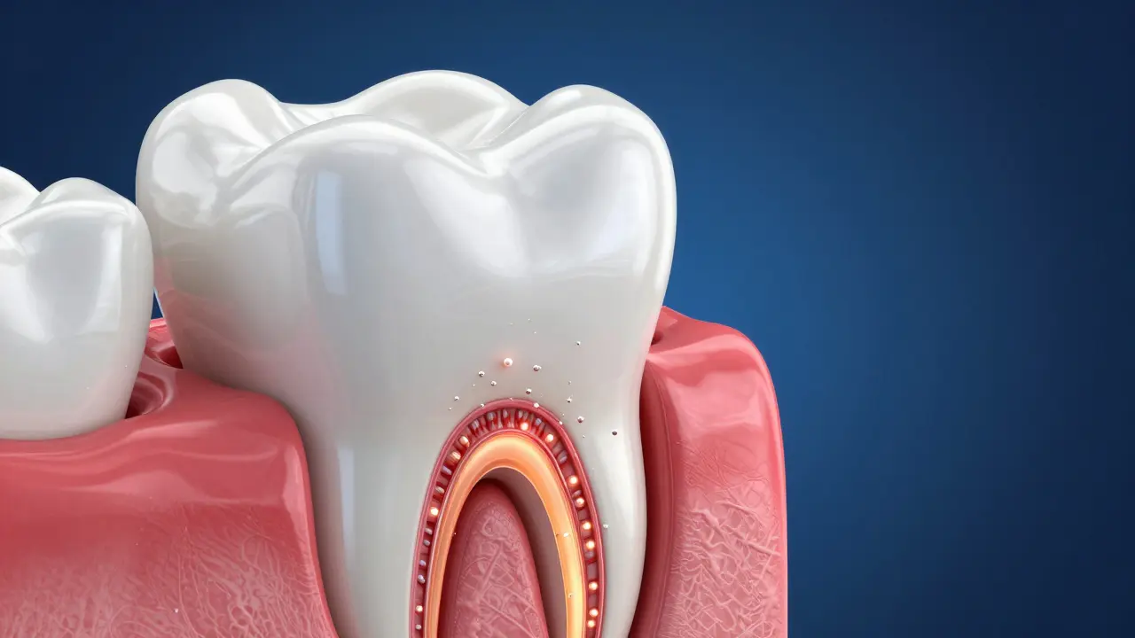 Kresba vnitřku zubu znázornující kanálky v krytce vedoucí k nervu.