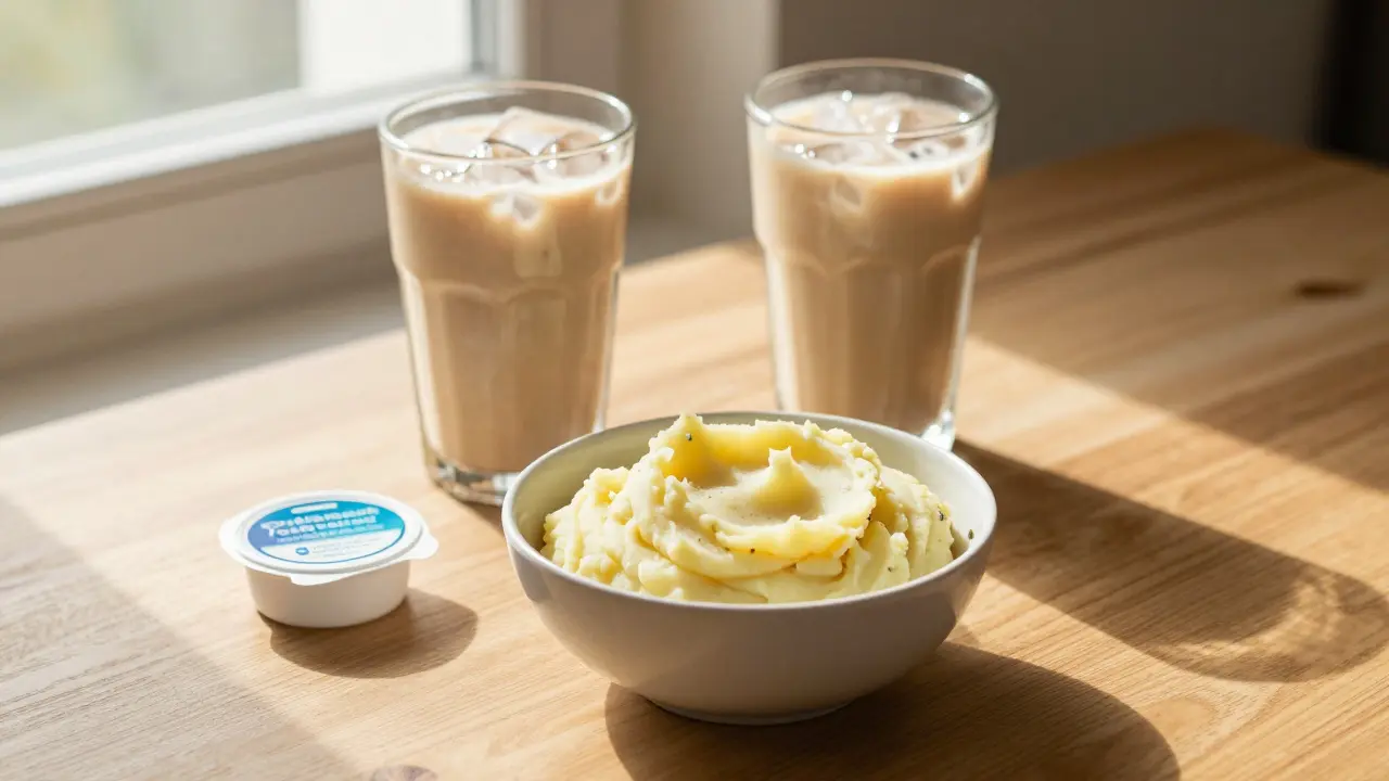 Miska s měkkým jídlem, smoothie a ortodoncký vosk na stole.