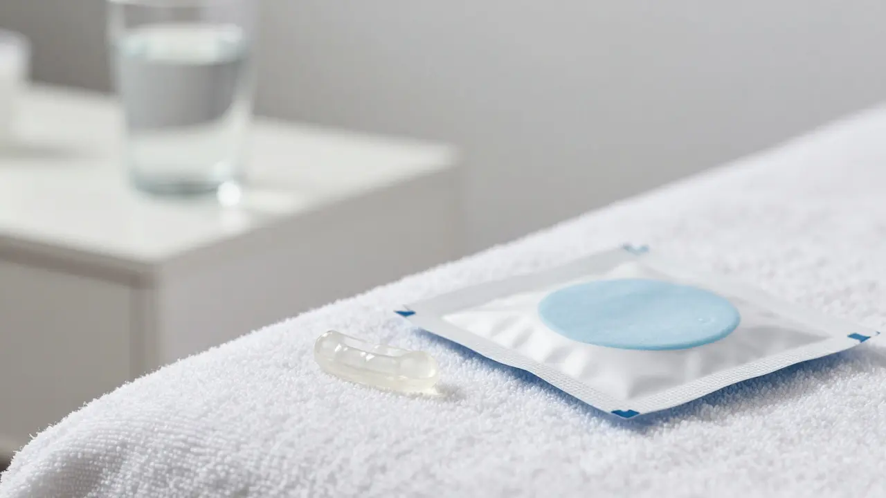 Ortodontický vosk a studený obklad na nočním stolku jako pomůcky pro úlevu od bolesti.