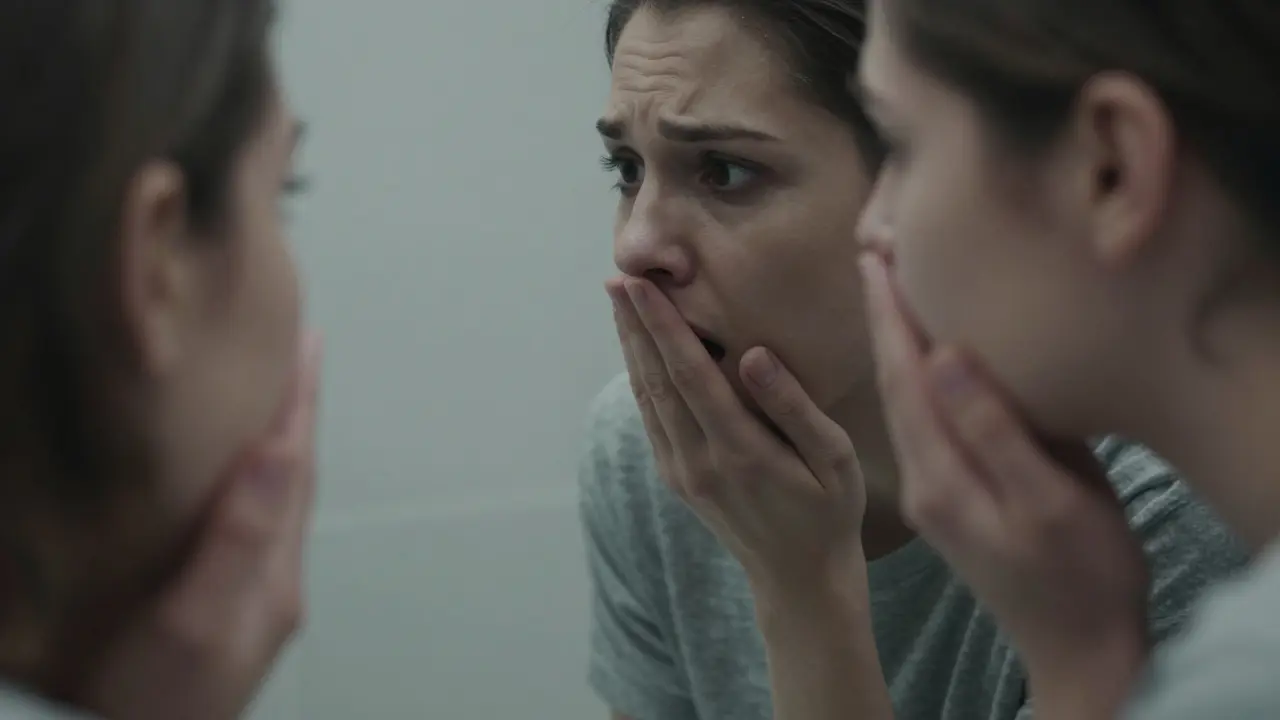 Osoba se smutným výrazem zakrývá ústa rukou před zrcadlem, vyjadřující sociální úzkost.