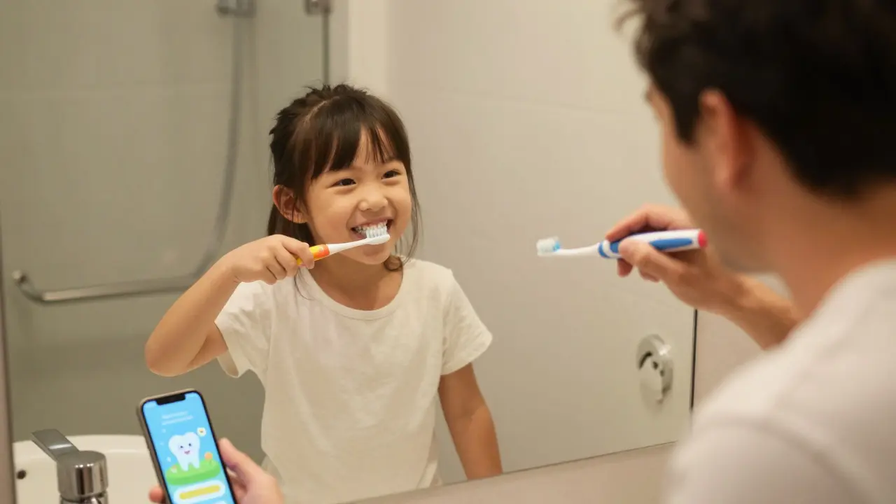 Otec a dcera si společně čistí zuby s pomocí elektrického kartáčku a aplikace.