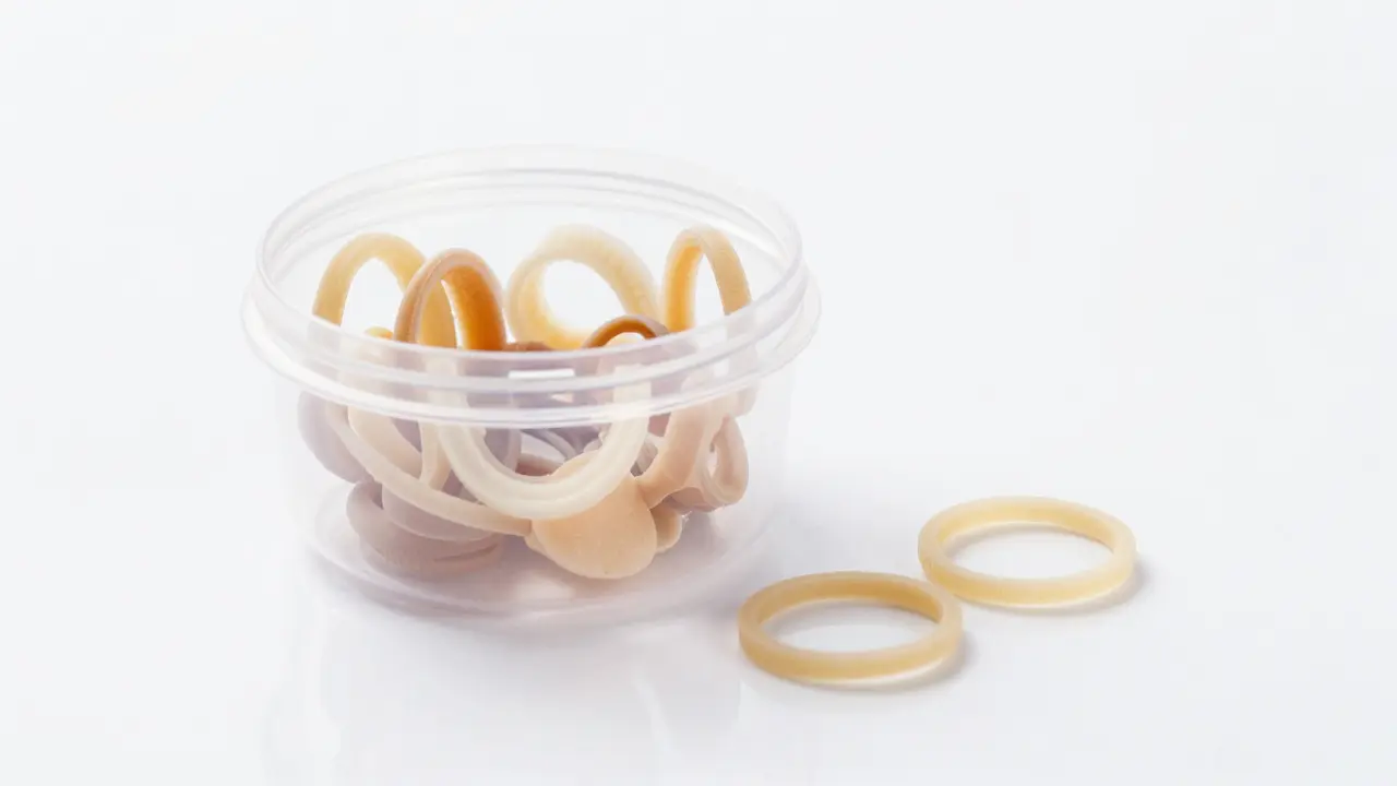 Plastová krabička s terapeutickými gumičkami pro pacienty s rovnátky.