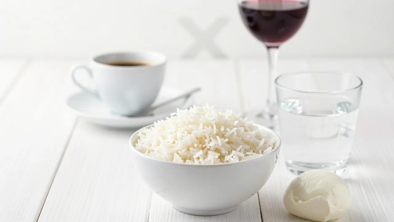 Potraviny bílé diety jako rýže a sýr pro ochranu vybělených zubů.