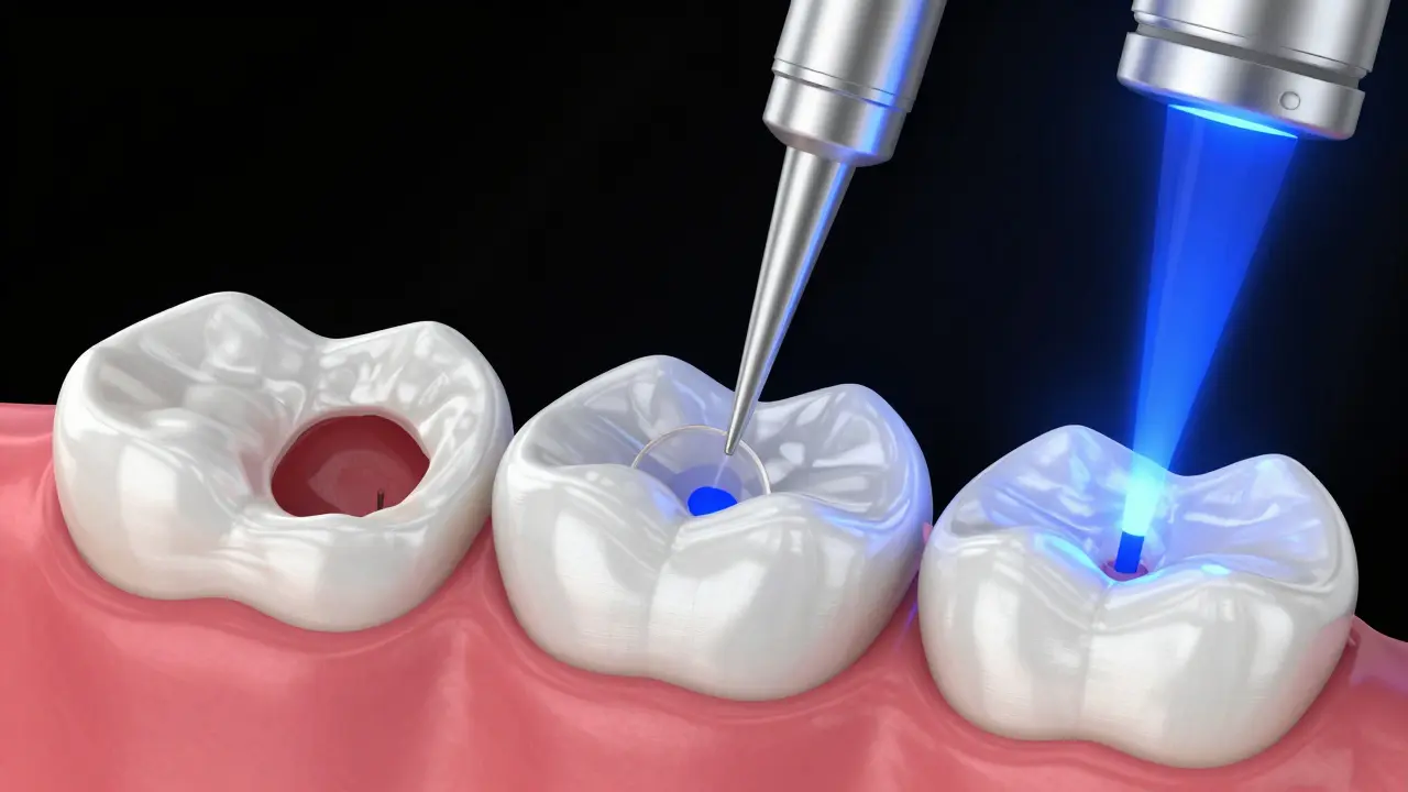 Proces plombování zubu s použitím kompozitu a modrého světla.