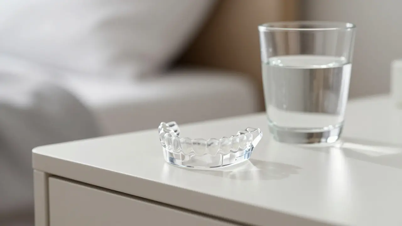 Průhledná individuální noční šina pro ochranu zubů před skřípáním.