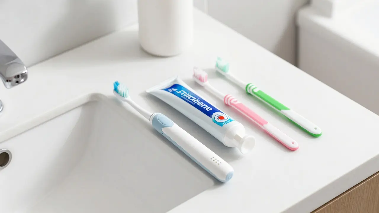 Sada pro čištění zubů: sonický kartáček, fluoridová pasta a mezizubní kartáčky.