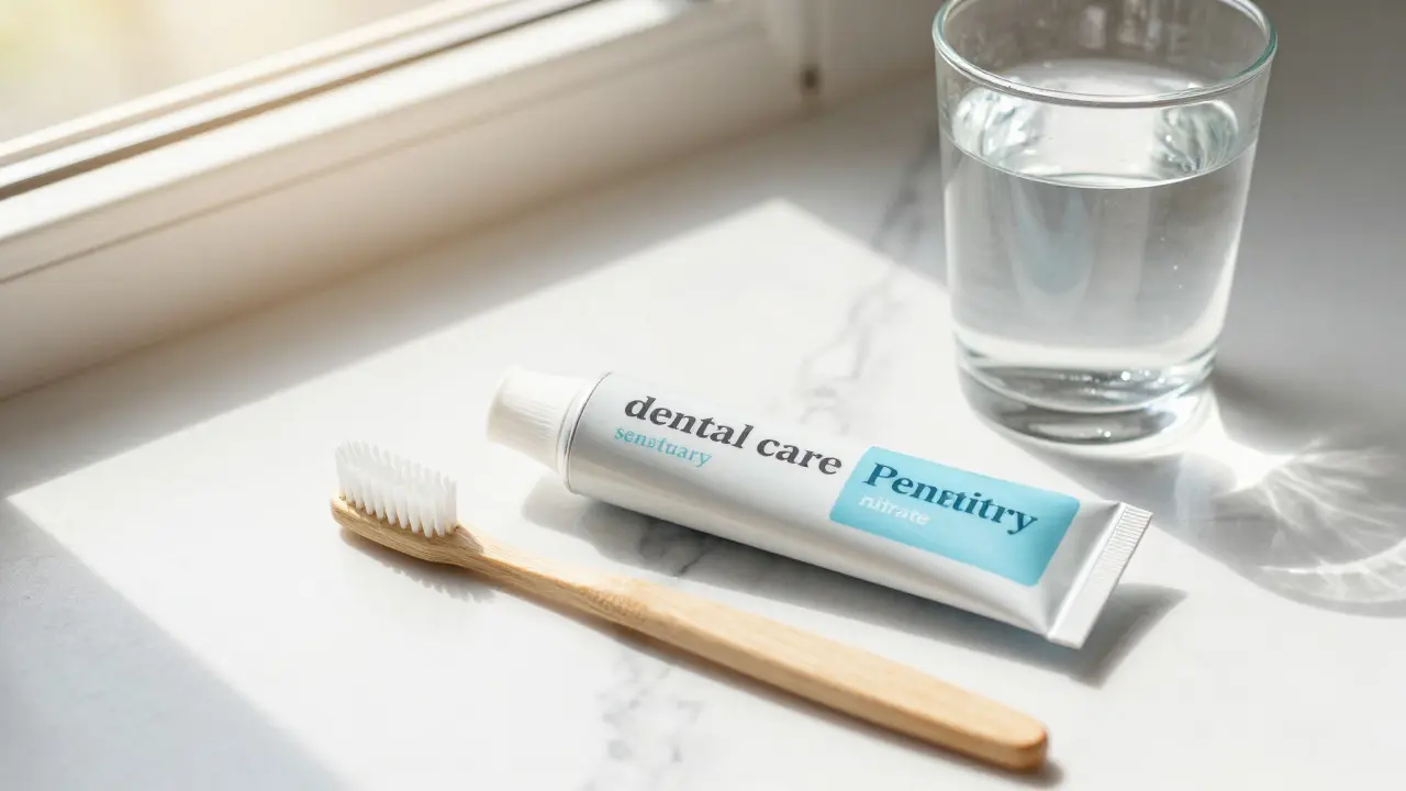 Sada pro péči o citlivé zuby s jemným kartáčkem a pastou na mramoru.