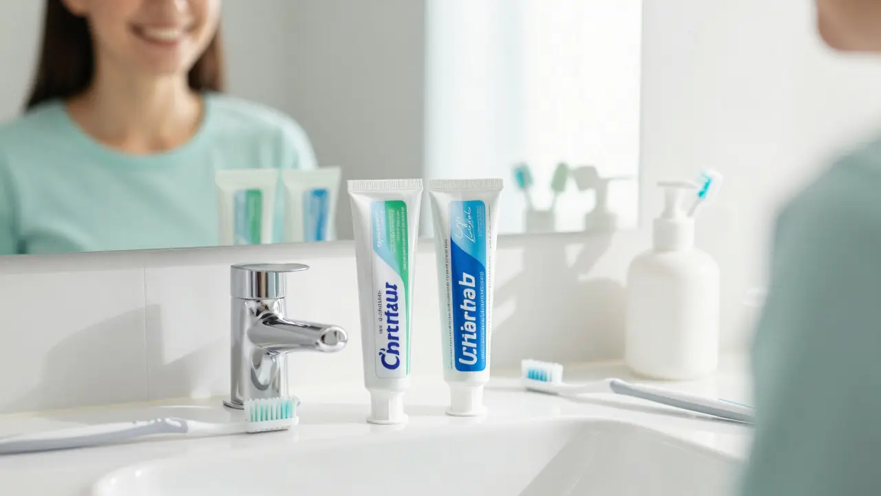 Sada pro preventivní péči o zuby včetně fluoridové pasty a mezizubních kartáčků.