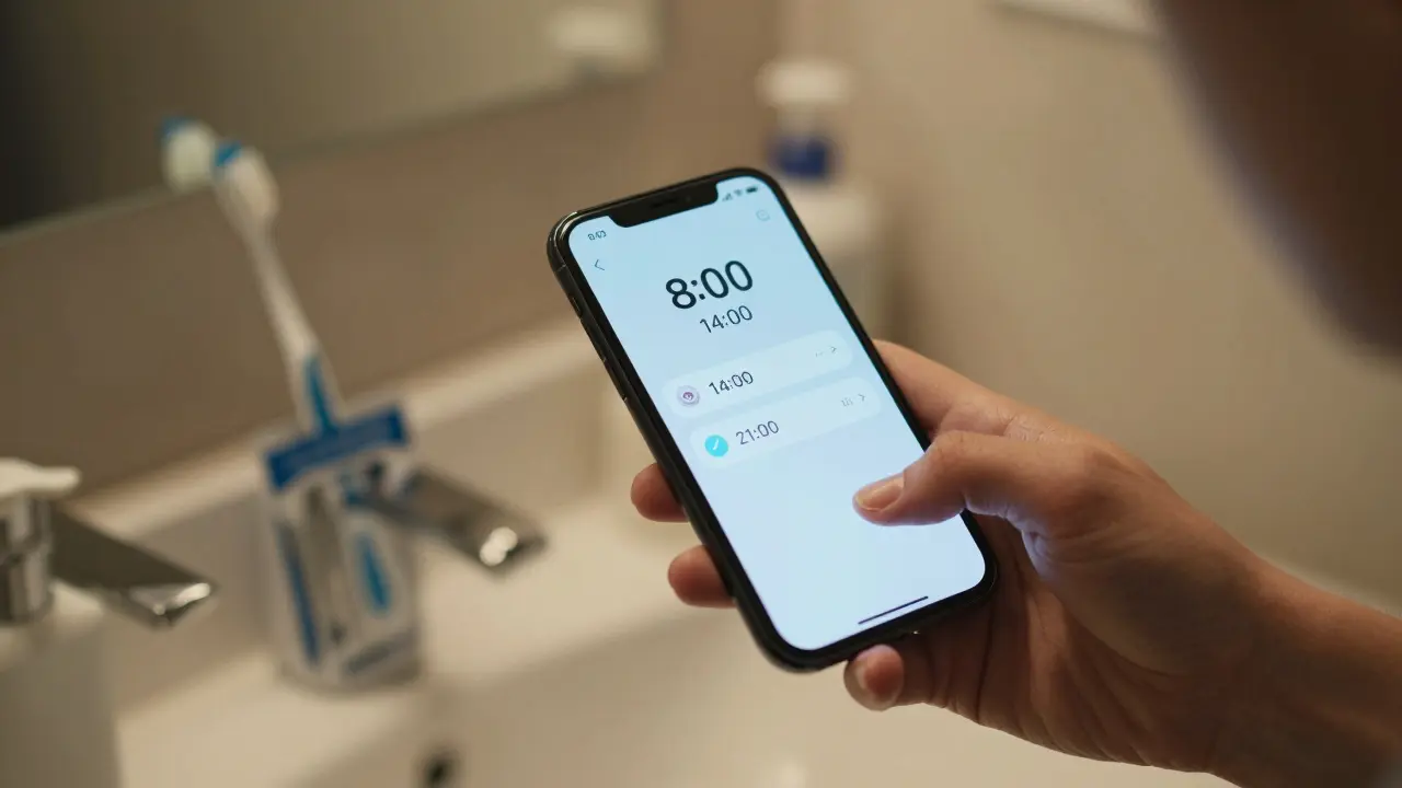 Smartphone s připomínkou pro výměnu gumiček v koupelně.