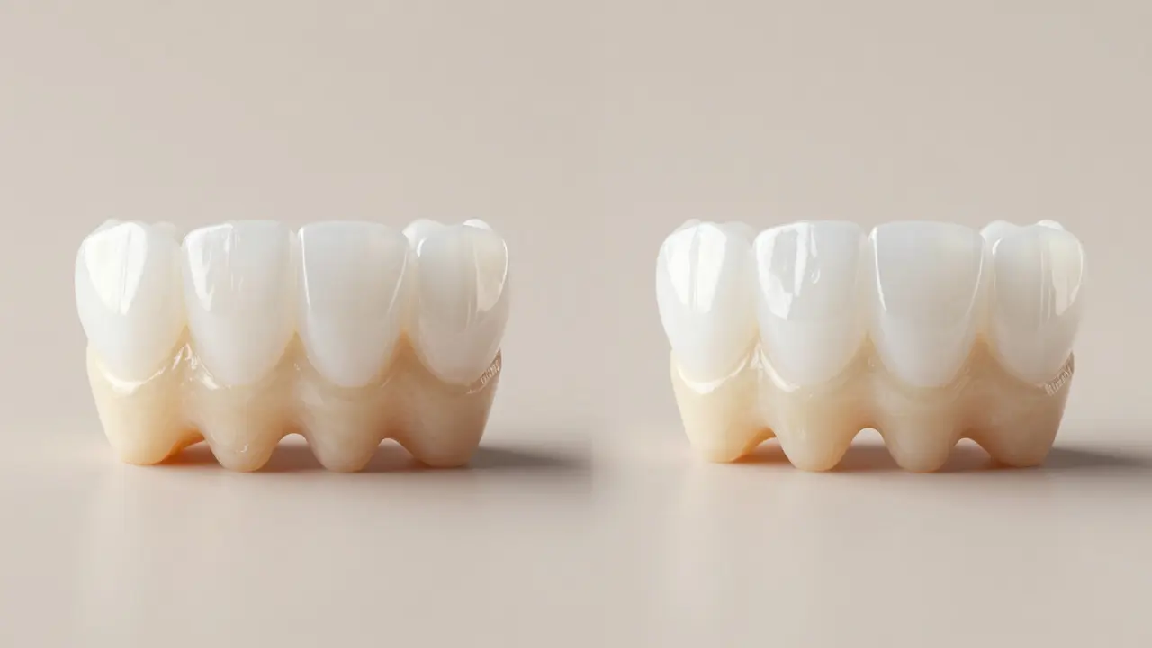 srovnání přirozeného zubu a perfektního vzhledu po aplikaci keramické fazety