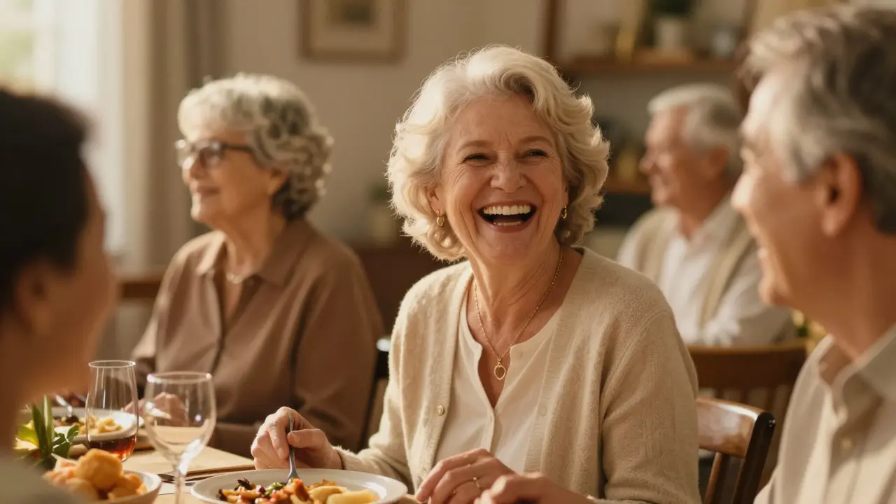 Šťastný senior se směje během společné večeře s přáteli.