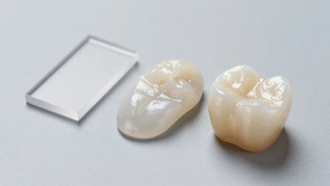 Vzorky dentálních materiálů: akrylát, kompozit a keramika