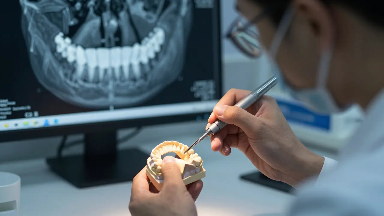 Zubní technik precizně tvaruje model zubů v moderní laboratoři