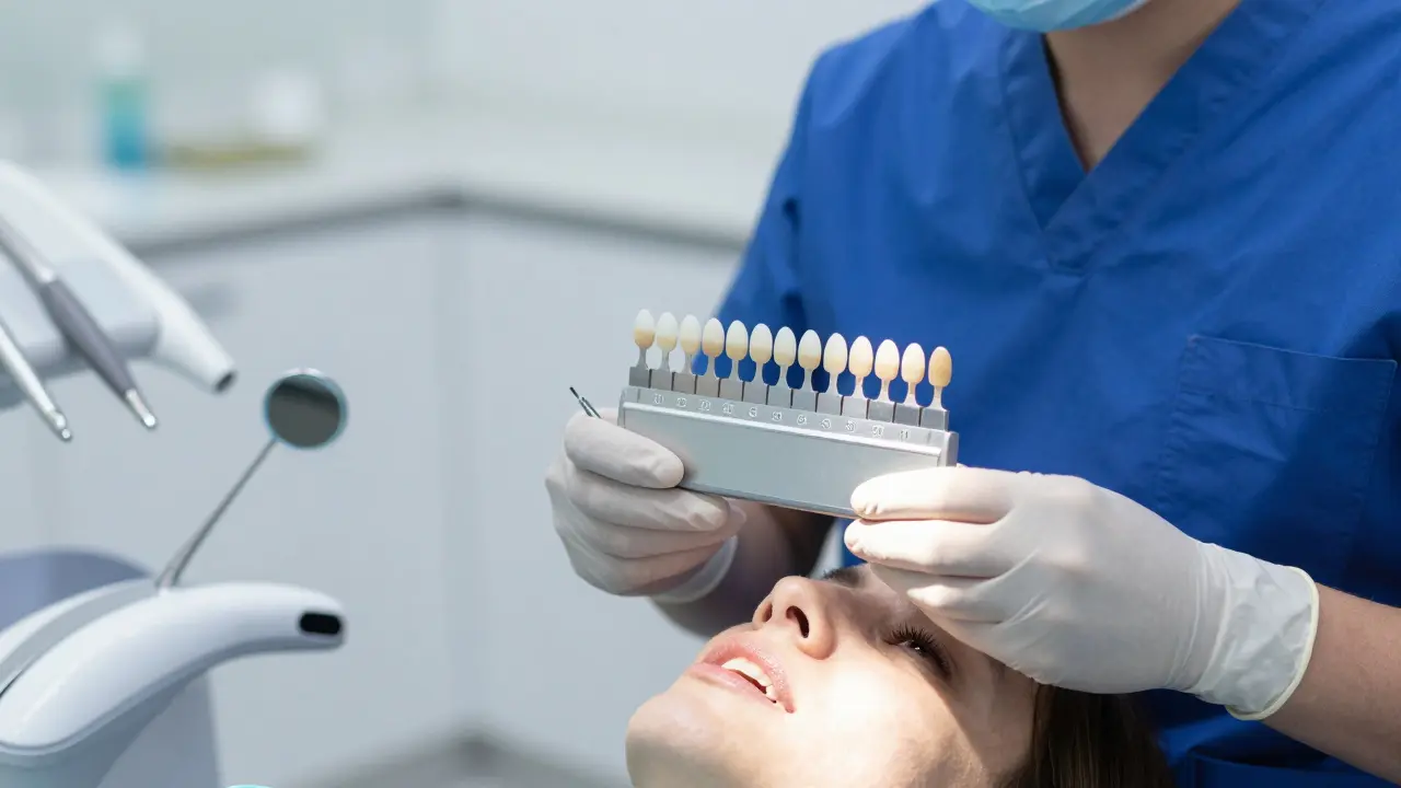 Dentista vybírá odstín kompozitu pomocí barevné tabulky