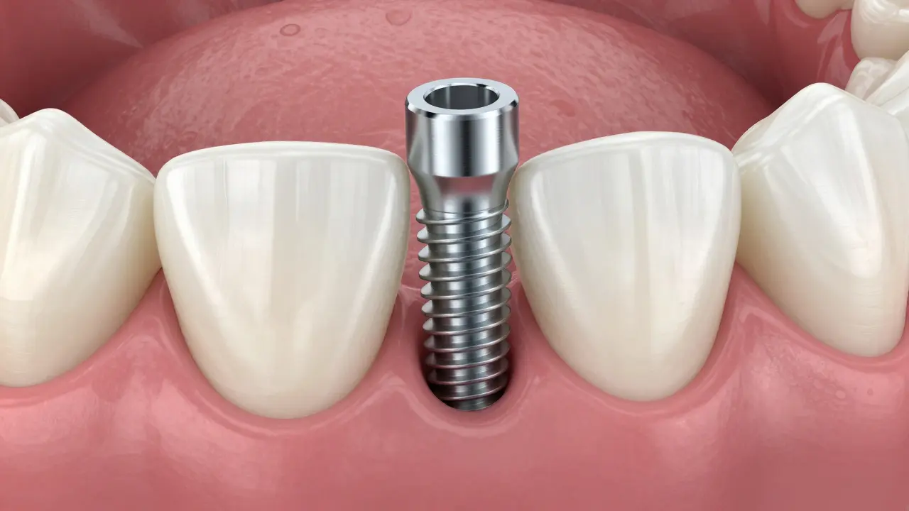 Detailní záběr zubního implantátu integrovaného v kosti čelisti
