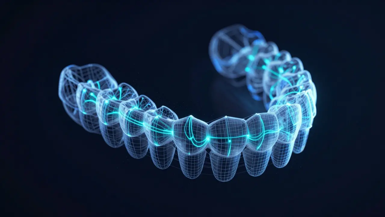 Digitální 3D model zubů zobrazující plán léčby alignery